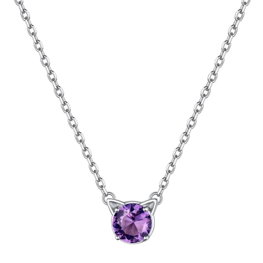 925 Sterling Silver Cat Necklace Girls Cute Cat Jewelry round Amethyst Pendant Necklace February Birthstone for Cat Lovers