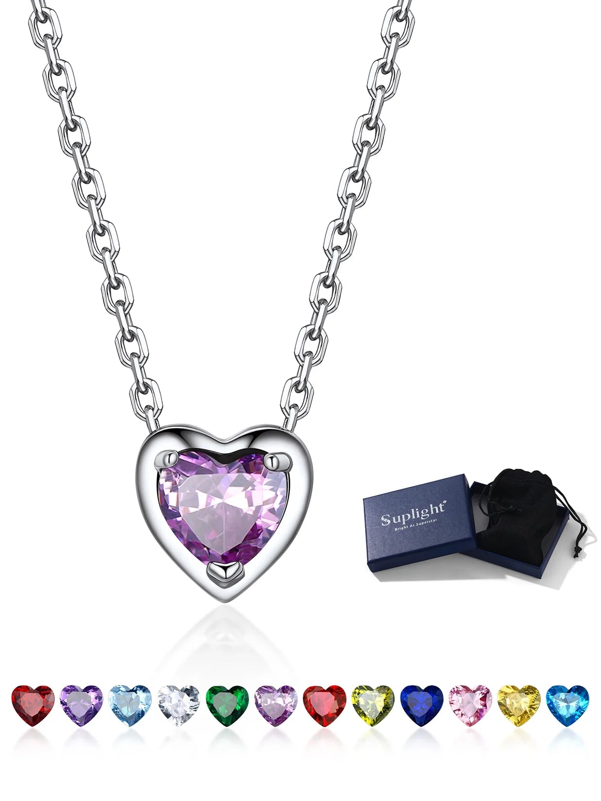 Women 925 Sterling Silver Birthstone Love Heart Necklace, Birthday Valentines Gift