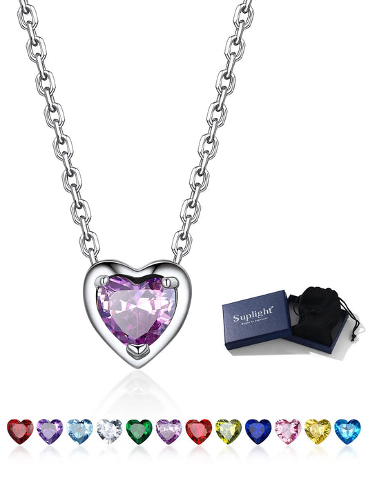 Women 925 Sterling Silver Birthstone Love Heart Necklace, Birthday Valentines Gift