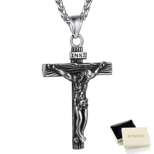 Men Cross Necklace Christian Crucifix Jewelry Stainless Steel Pendant Chain Jesus Christ Lord'S Prayer Pendant with 22Inch,Thanksgiving Day Gift Chain