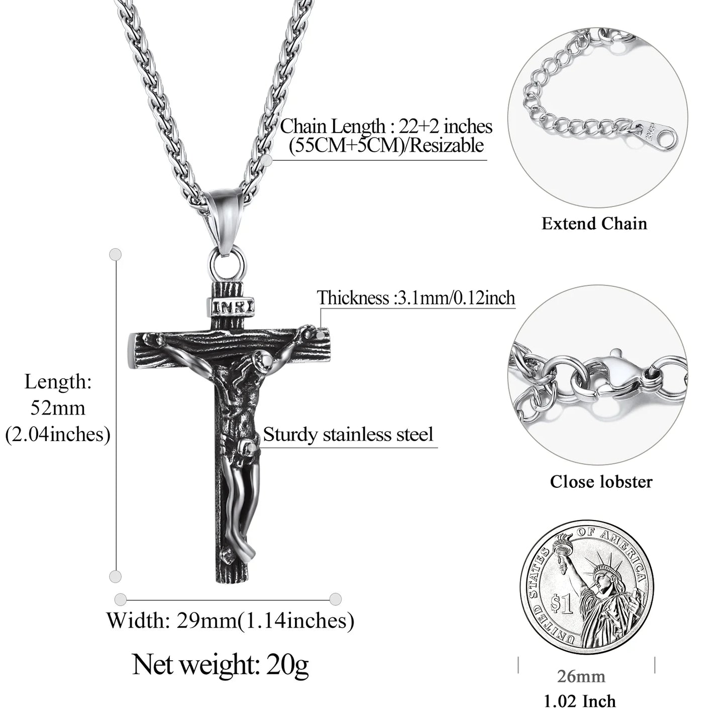 Men Cross Necklace Christian Crucifix Jewelry Stainless Steel Pendant Chain Jesus Christ Lord'S Prayer Pendant with 22Inch,Thanksgiving Day Gift Chain