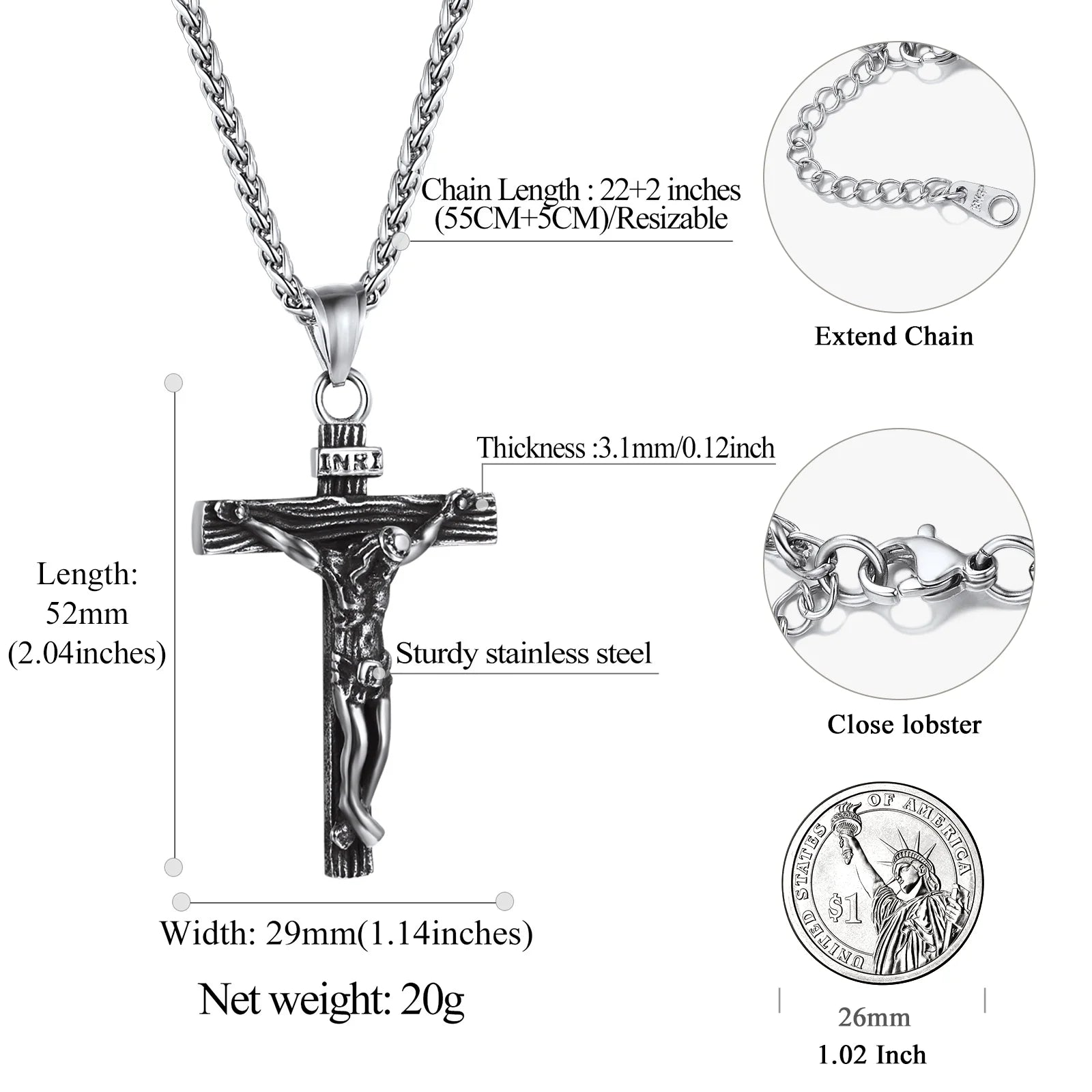 Men Cross Necklace Christian Crucifix Jewelry Stainless Steel Pendant Chain Jesus Christ Lord'S Prayer Pendant with 22Inch,Thanksgiving Day Gift Chain